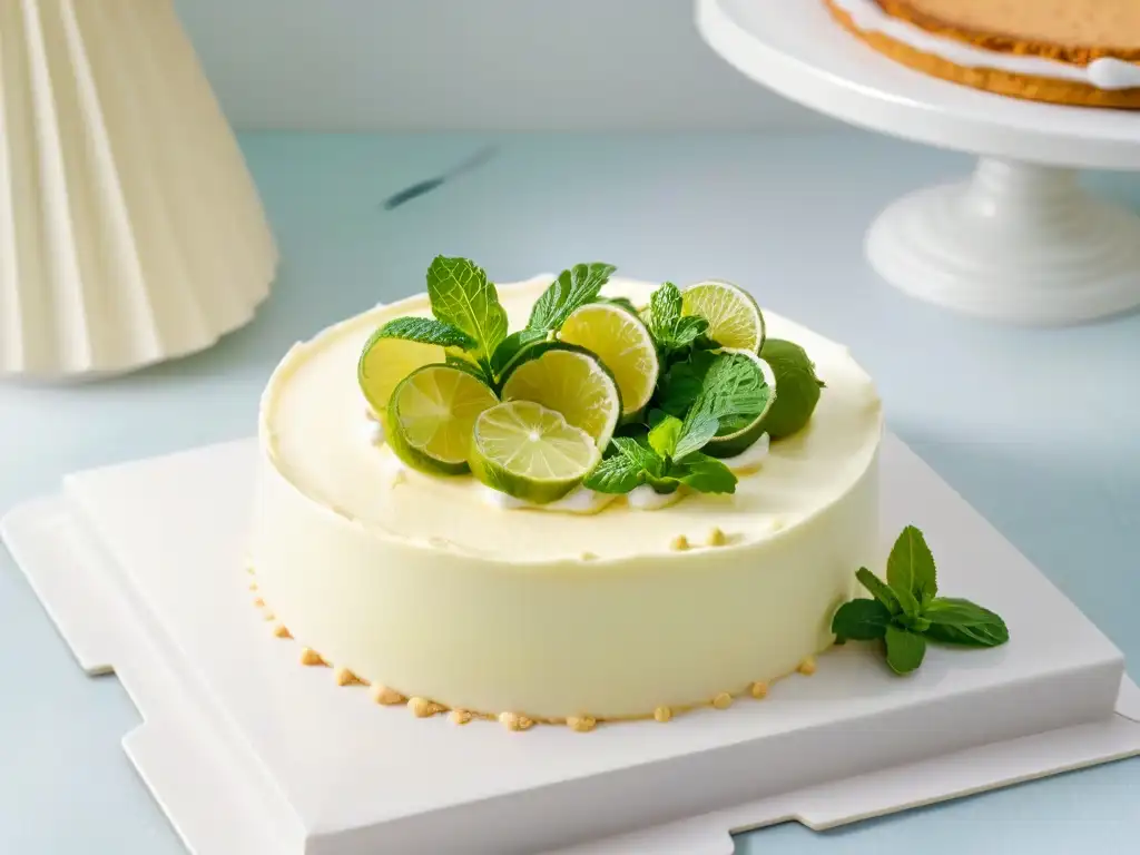 Deliciosa Receta fácil Key Lime Pie: tarta de lima en plato de mármol blanco con menta fresca y suave luz natural