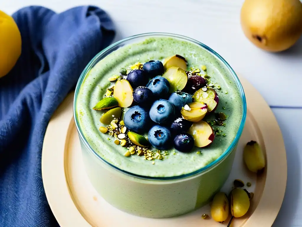 Deliciosa receta de postre con espirulina: chía pudding verde vibrante con arándanos y pistachos