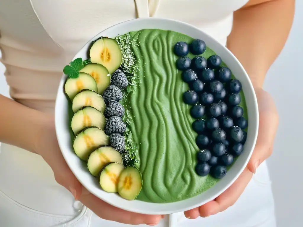 Deliciosa receta de postre saludable con espirulina: bowl verde con bayas frescas, semillas de chía y coco