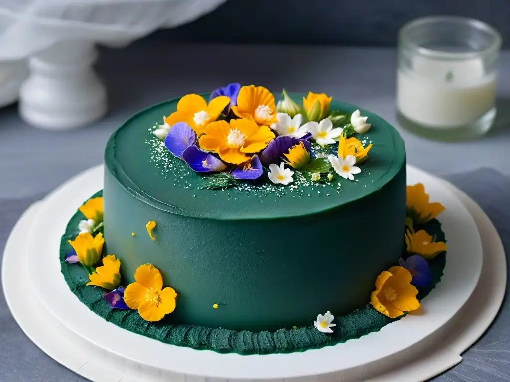 Deliciosa receta de postre con spirulina: Cheesecake verde con flores comestibles en plato blanco, fondo negro