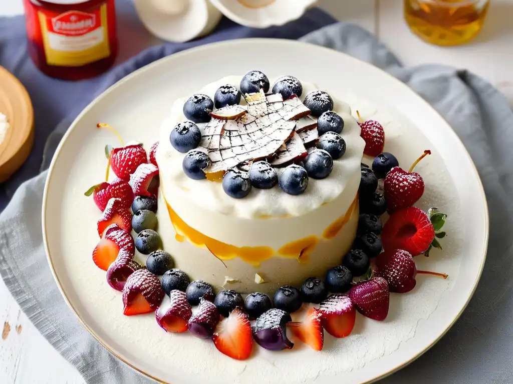 Deliciosa receta de pudín de semillas de chía con bayas y miel, presentada de forma elegante en un plato blanco