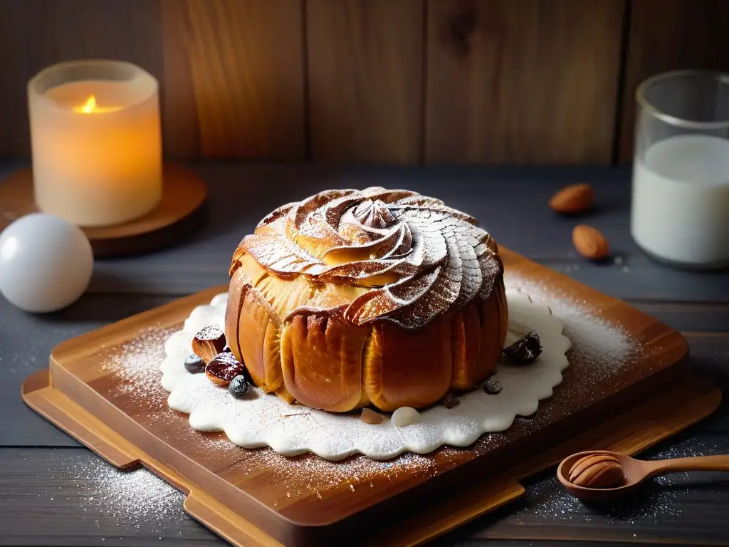 Delicioso Kouglof recién horneado: tradición alsaciana en alta resolución Deliciosa receta kouglof de repostería alsaciana en una mesa rústica con azúcar en polvo, almendras y pasas