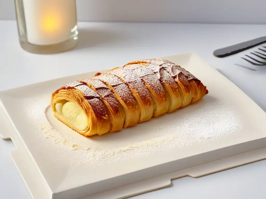 Delicioso y saludable apple turnover sin azúcar Deliciosa receta de repostería para diabéticos: un hojaldre dorado sin azúcar con canela, en un plato blanco moderno