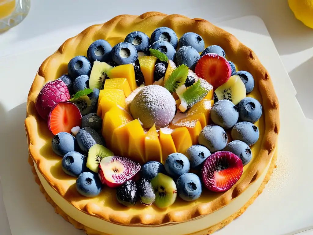 Deliciosa receta de repostería con frutas exóticas en una tarta colorida y vibrante