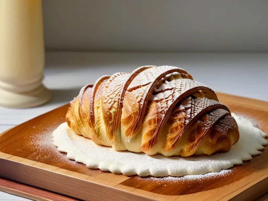 Deliciosa receta de repostería sin gluten: croissant dorado y escamoso, espolvoreado con azúcar glass en tabla de madera rústica