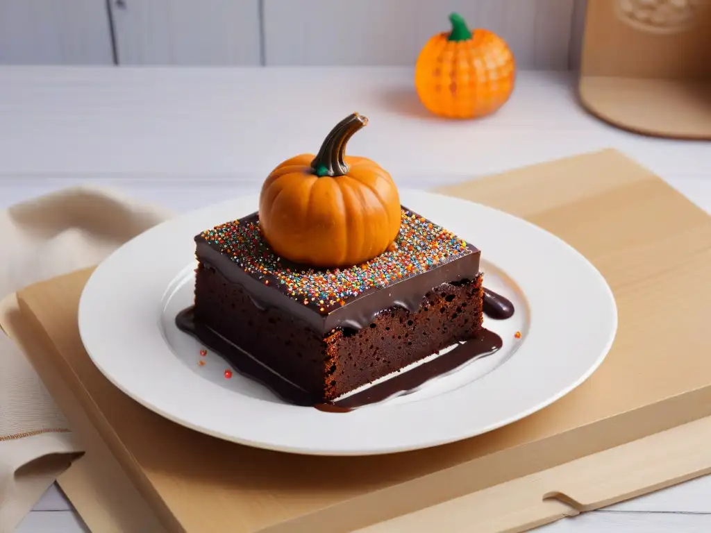 Delicioso brownie de chocolate con ganache y sorpresa de calabaza Deliciosa receta de repostería infantil: un brownie con ganache de chocolate y decorado con divertida calabaza naranja