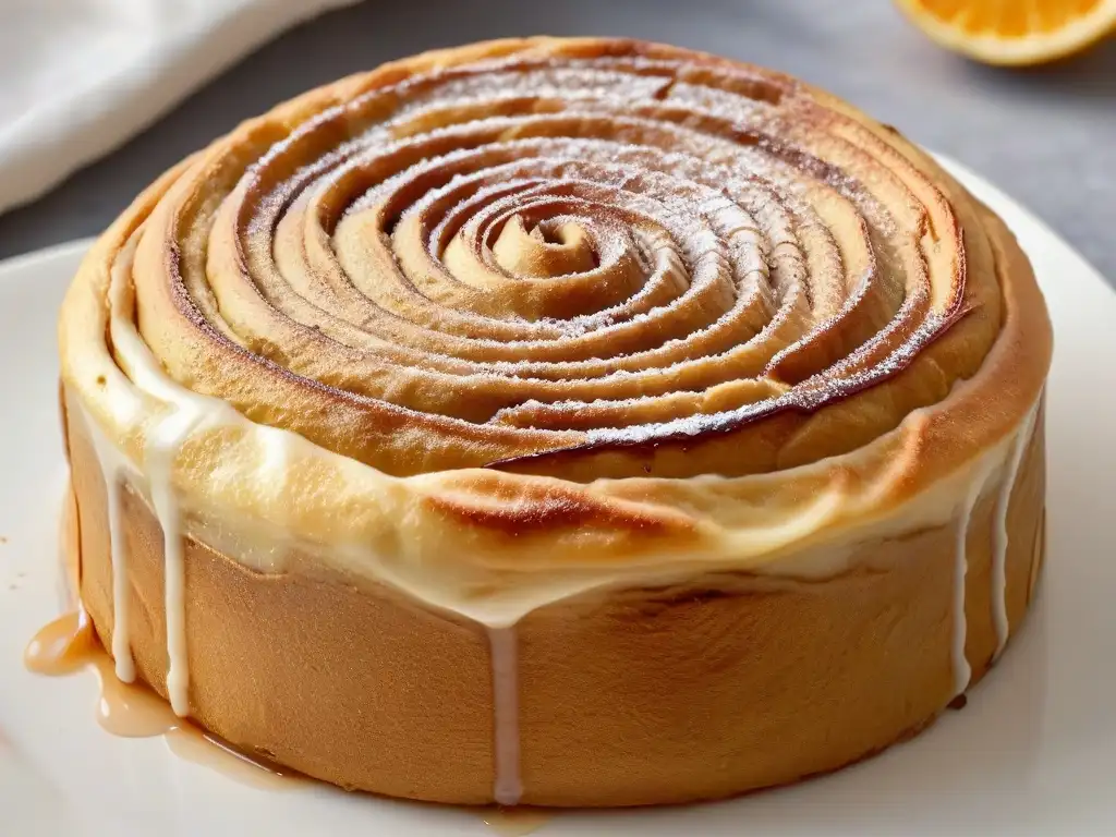 Delicioso rollo de canela vegano keto dorado Deliciosa receta de repostería keto vegana: un rollo de canela dorado y esponjoso con glaseado sin azúcar
