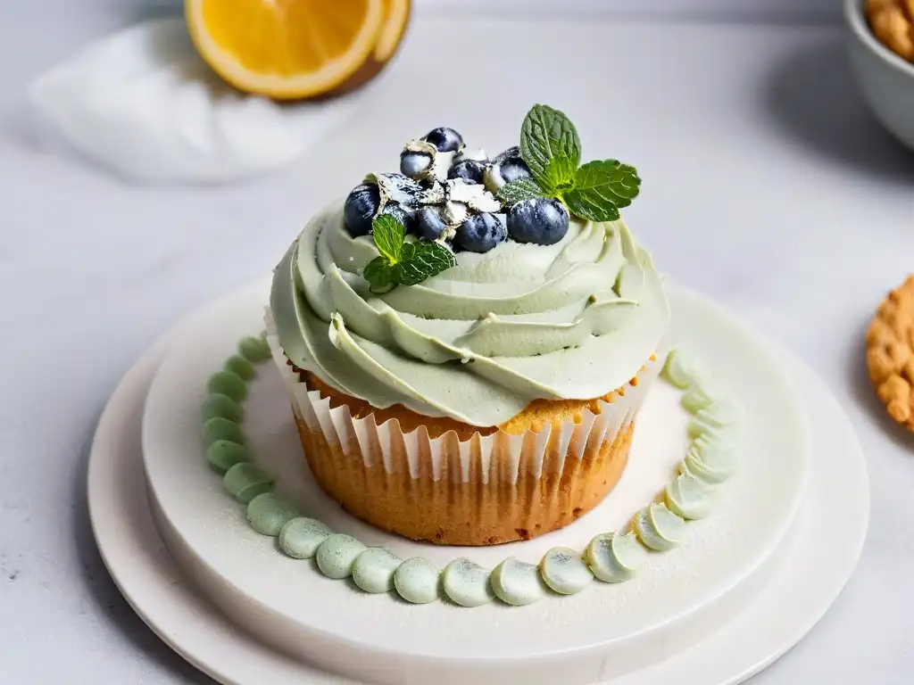 Delicioso cupcake vegano keto: decoración exquisita en 8k Deliciosa receta de repostería keto vegana: un cupcake decorado con frosting sin lácteos, bayas frescas y hojas de menta sobre mármol gris