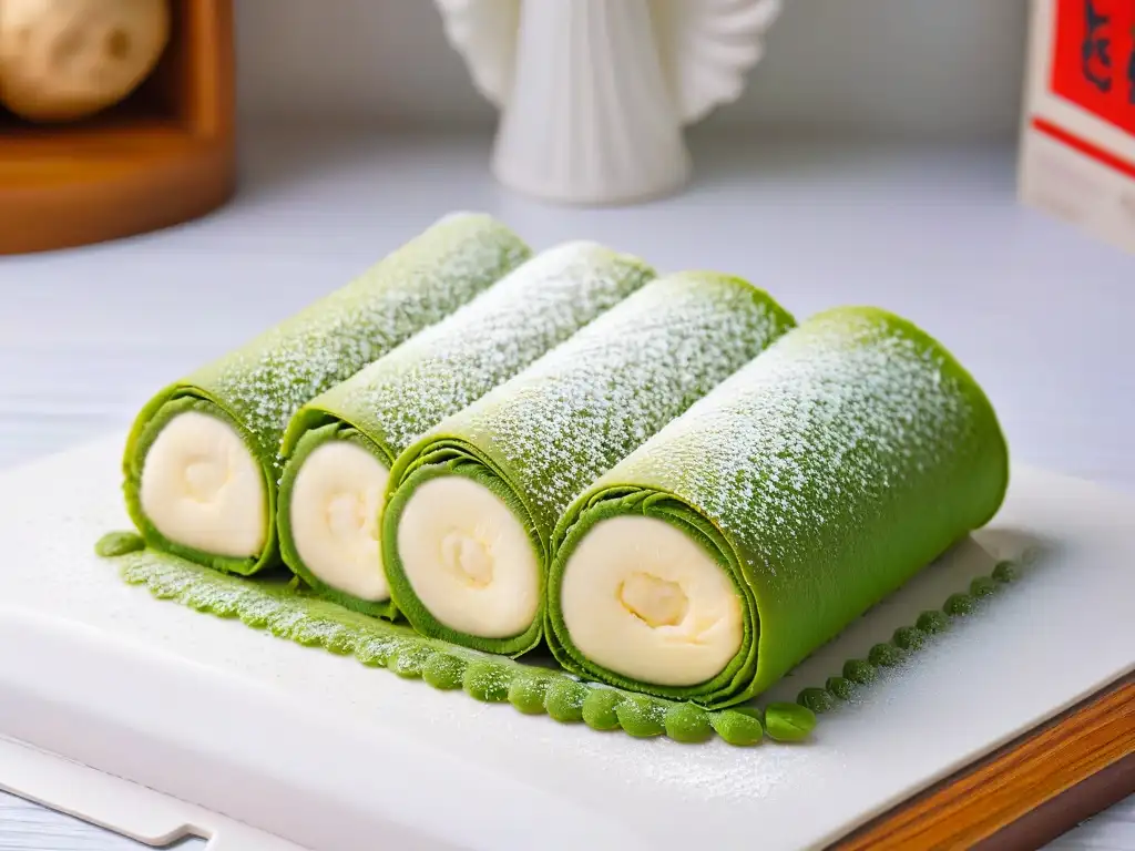 Deliciosa receta de Kuih Dadar coco: rollo de coco con crema de coco envuelto en crepe de pandán verde