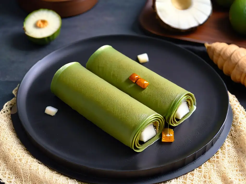 Deliciosa receta Kuih Dadar coco: rollo de crepa de pandan con relleno de azúcar de palma, en un elegante plato negro