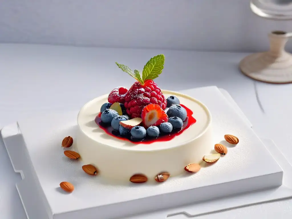 Deliciosa receta saludable panna cotta agar agar con coulis de frutos rojos, menta fresca y almendras tostadas en vaso de vidrio sobre mármol blanco