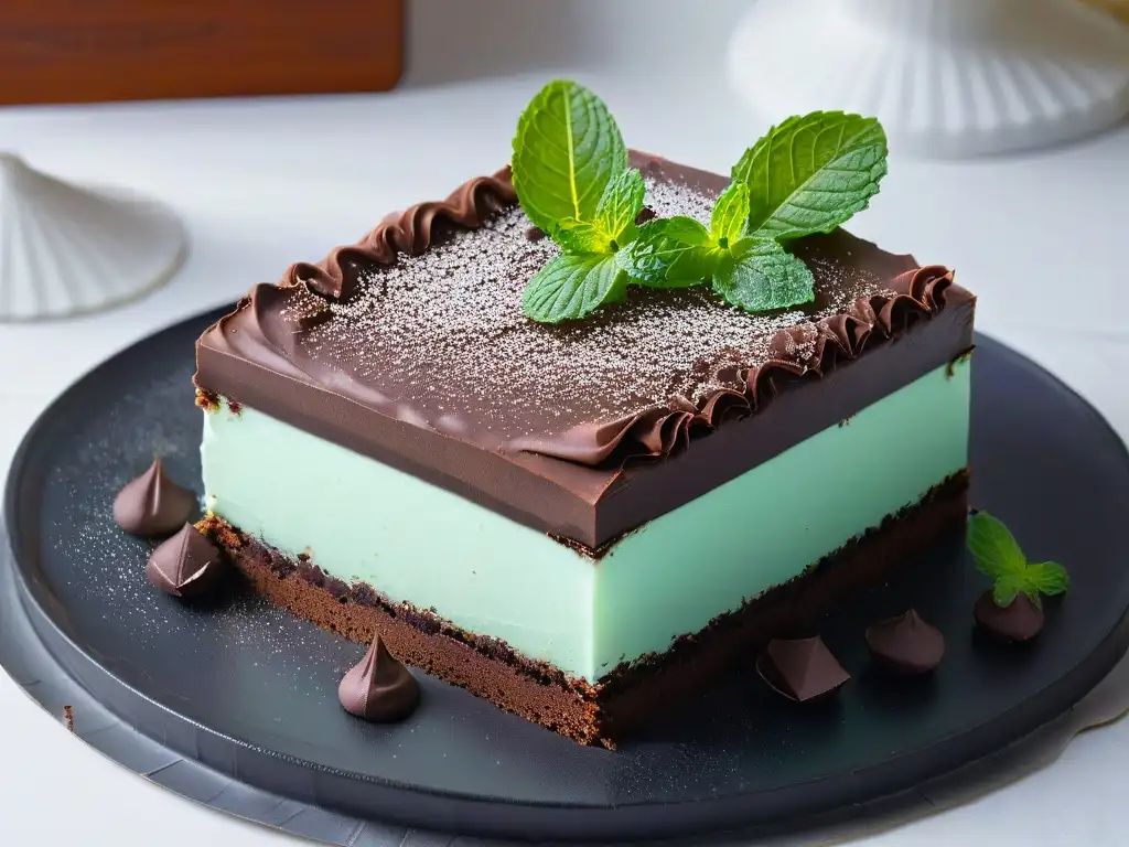 Deliciosa receta Peppermint Slice chocolate menta en un elegante plato negro mate