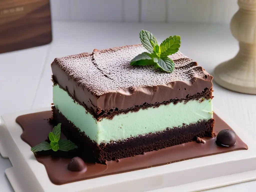 Deliciosa Receta Peppermint Slice chocolate menta, con capas de chocolate y menta, decorada con hojas verdes