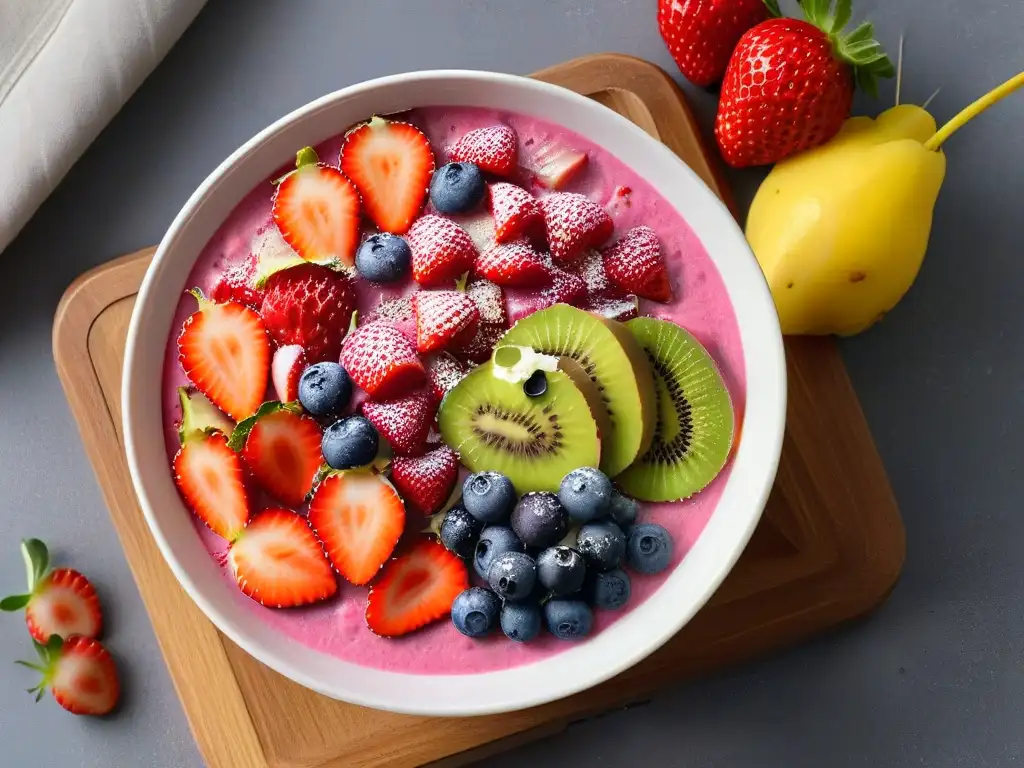 Deliciosa receta de smoothie bowl con frutas frescas y coloridas en un elegante tazón sobre mármol blanco