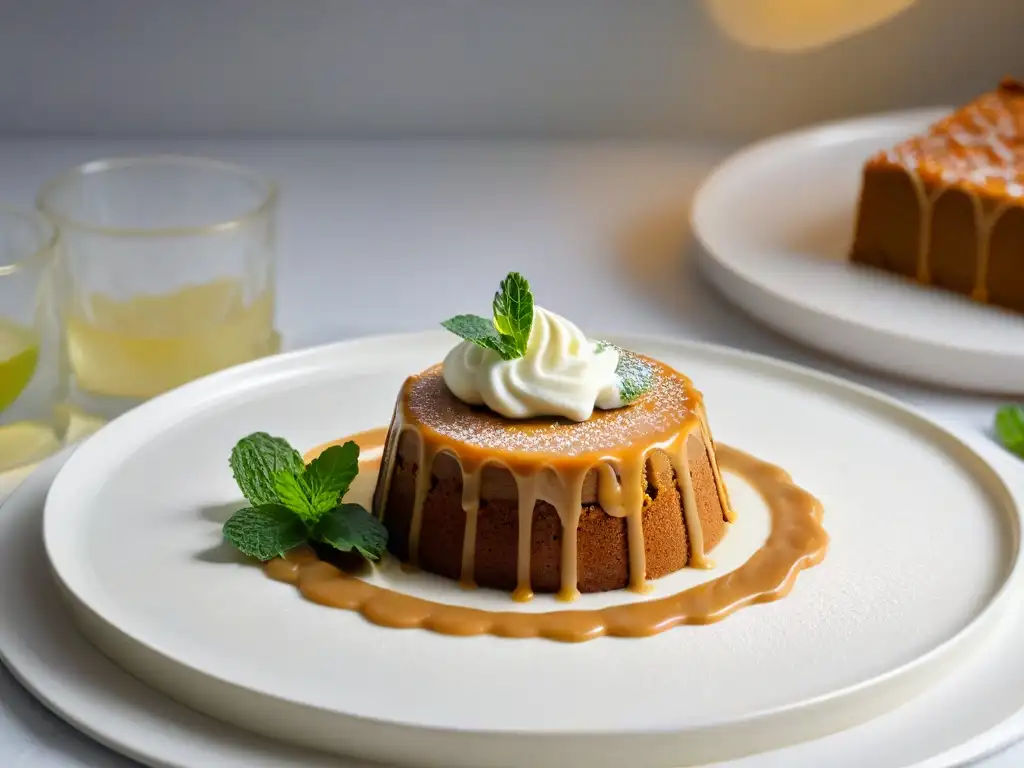 Deliciosa Receta Malva Pudding Sudáfrica: rebanada de postre con salsa cremosa y menta fresca en plato moderno y cálido