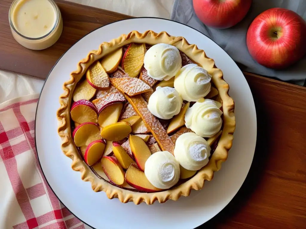 Deliciosa receta de tarta de manzana estilo American Pie, con corteza dorada y manzanas caramelizadas, servida con helado de vainilla