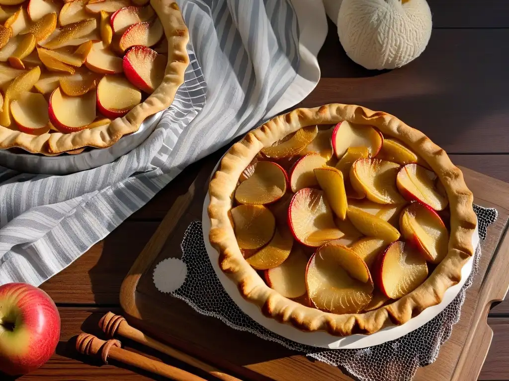 Deliciosa receta tarta manzana estilo American Pie con manzanas caramelizadas y masa crujiente en una mesa rústica