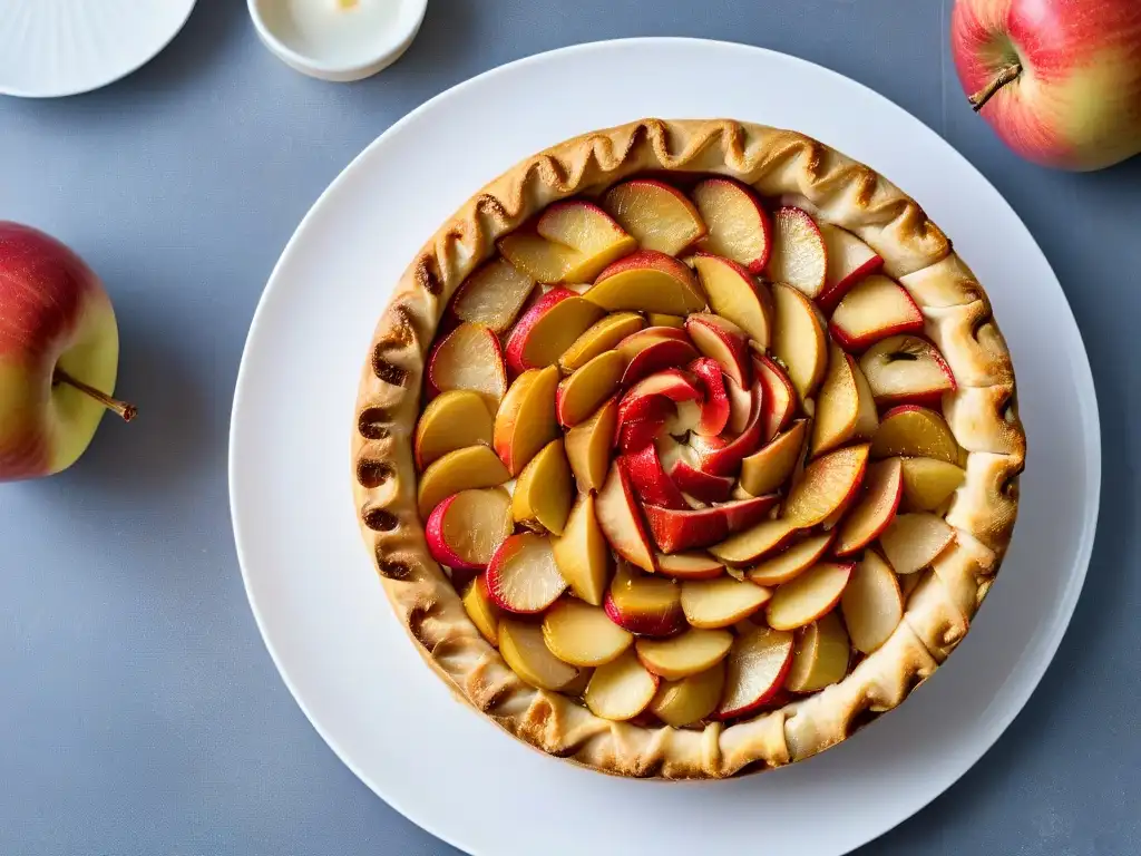 Deliciosa receta tarta manzana baja calorías: pie de manzana recién horneado con fina decoración de manzana en espiral