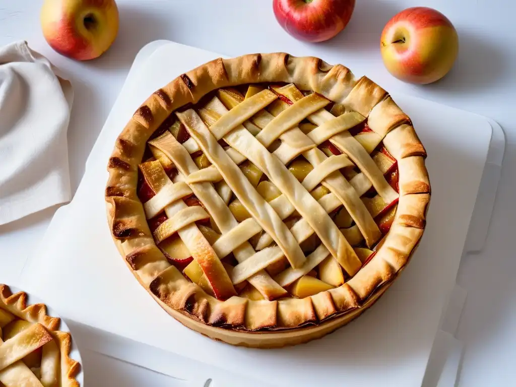 Deliciosa receta de tarta de manzana estilo American Pie con corteza dorada y relleno de manzana especiado, sobre plato blanco moderno