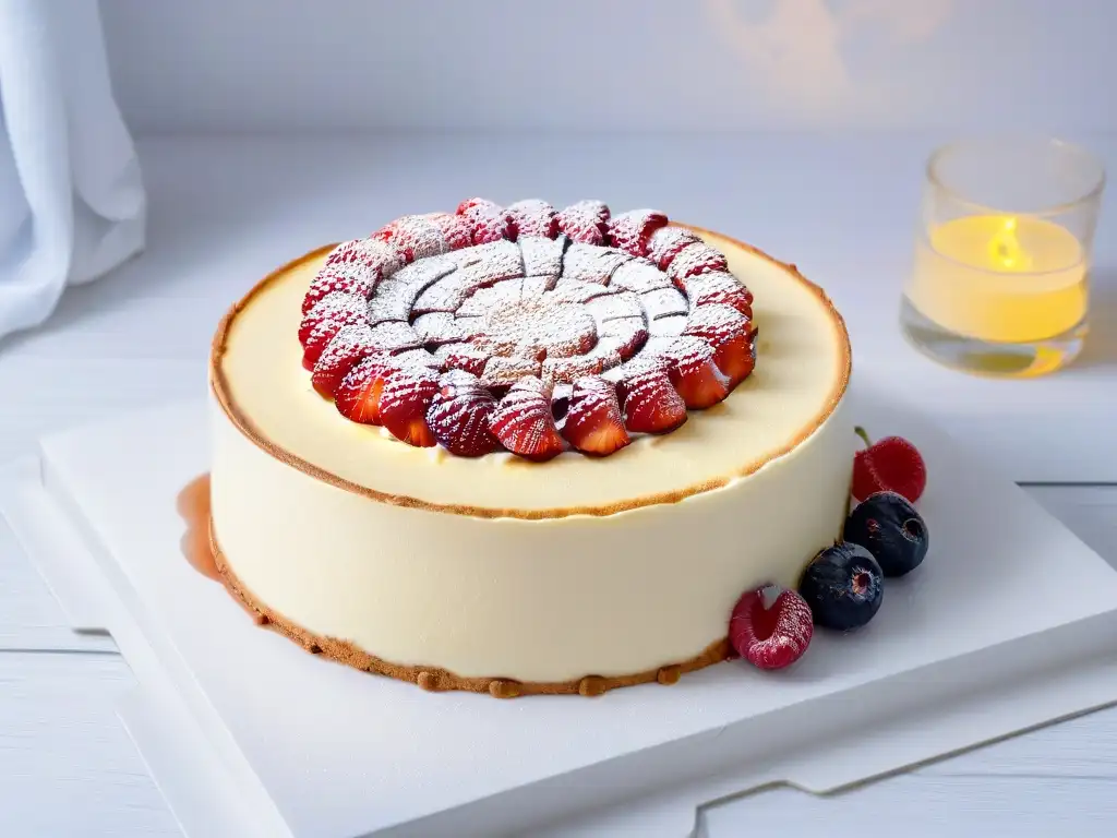 Deliciosa receta tarta queso estilo New York con textura cremosa y decoración de frutos brillantes