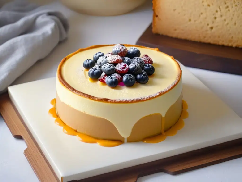 Deliciosa receta tarta queso estilo New York con coulis de bayas sobre cremosa textura dorada