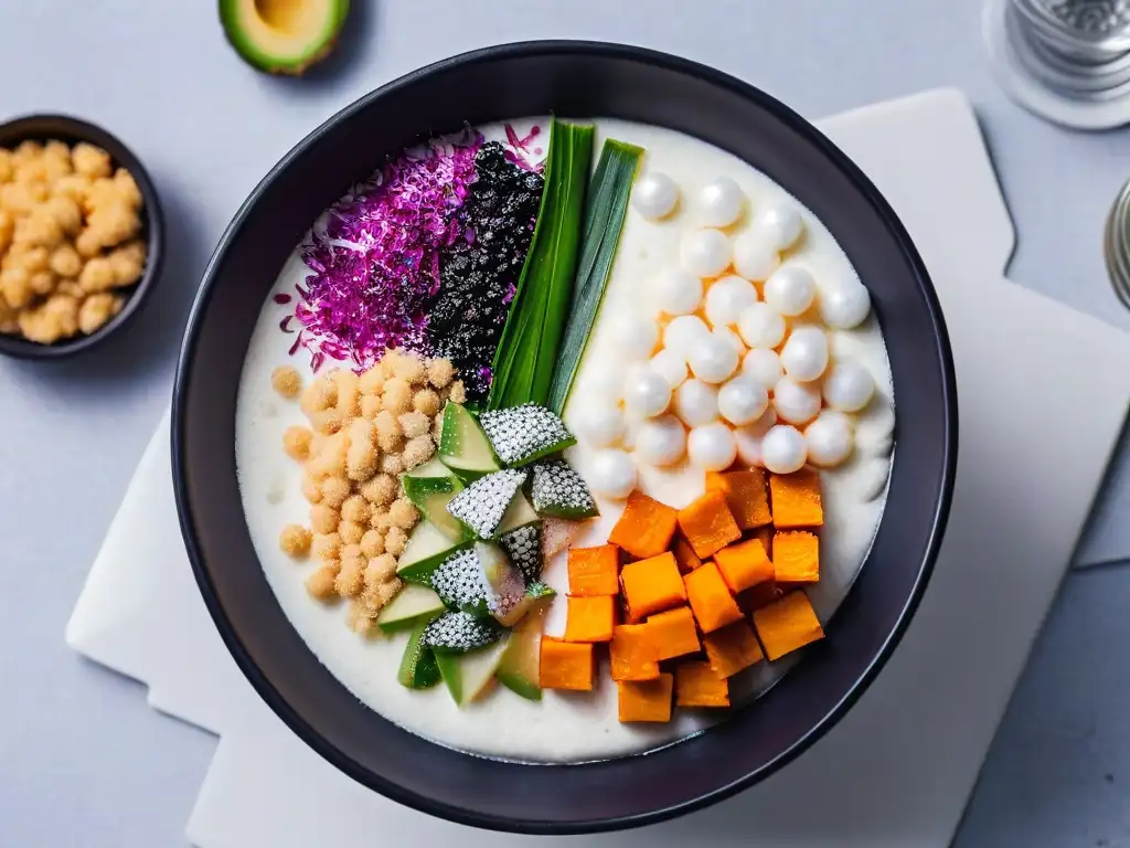 Deliciosa receta tradicional Bubur Cha Cha con capas de batata, taro, perlas de sagú y leche de coco, decorada con hojas de pandan