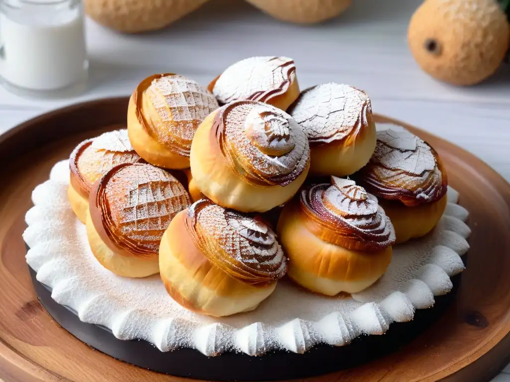 Deliciosa receta tradicional Mandazi África: un Mandazi dorado en plato rústico de madera, espolvoreado con azúcar glass