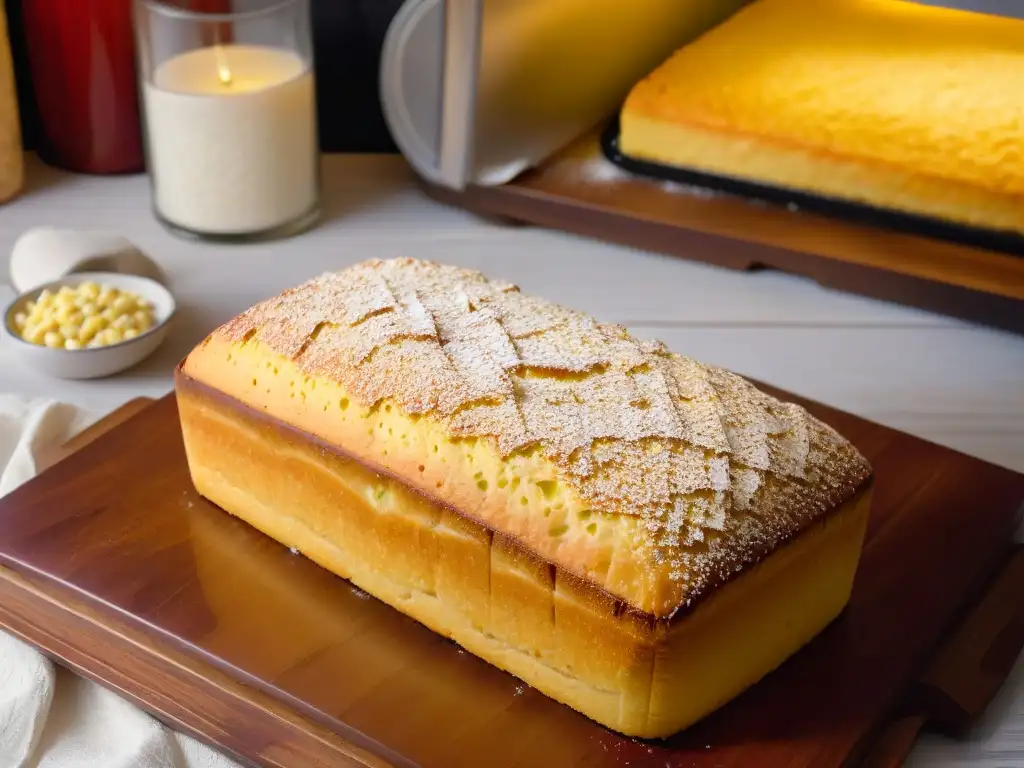 Deliciosa receta tradicional de pan de elote recién horneado en una mesa rústica, bañado en azúcar glass y maíz