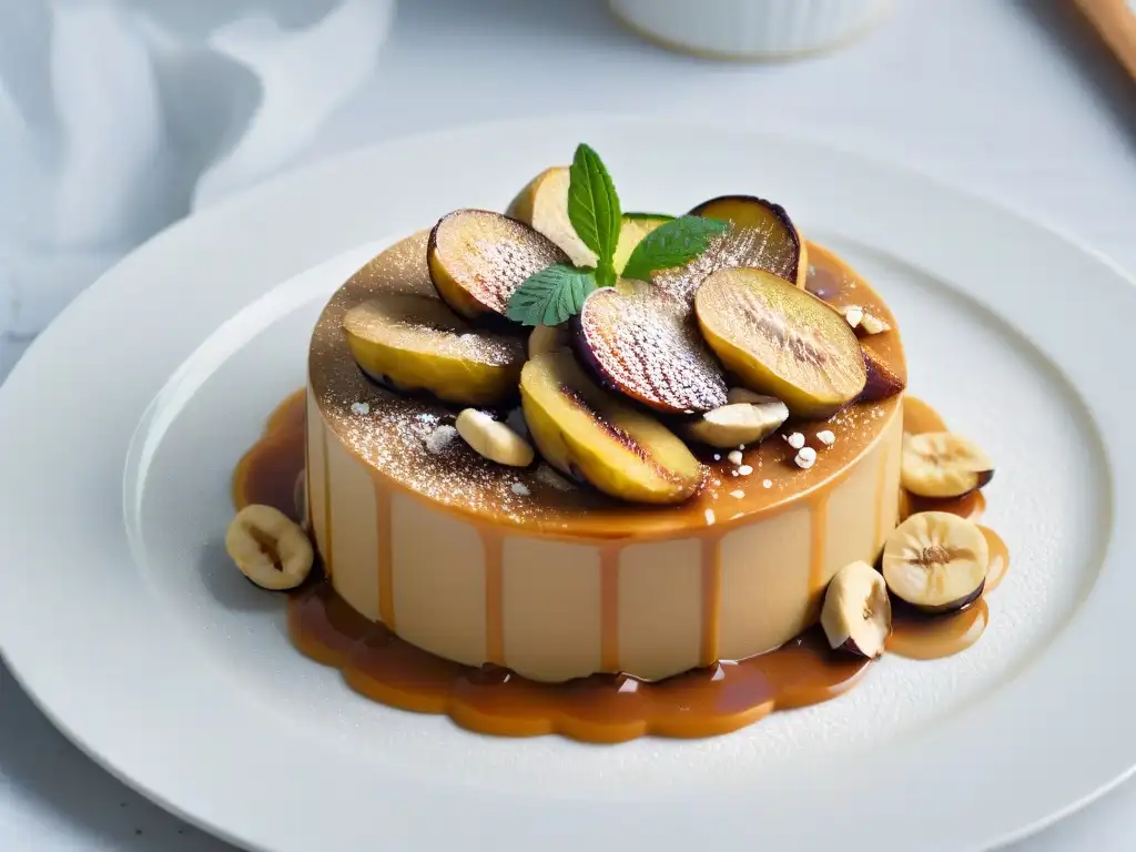 Deliciosa receta tradicional postre Kanyah con capas de plátano caramelizado, leche condensada y cacahuetes, decorado con salsa de caramelo y menta