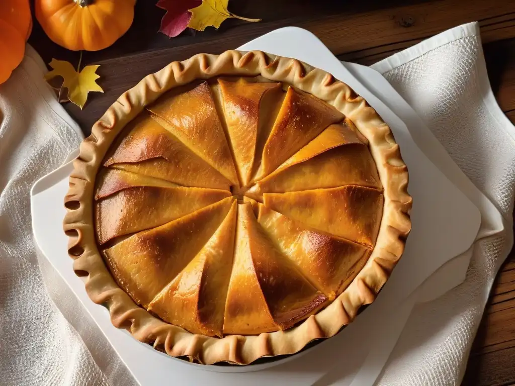 Deliciosa receta tradicional de pumpkin pie en Acción de Gracias, listo para saborear en una mesa rústica