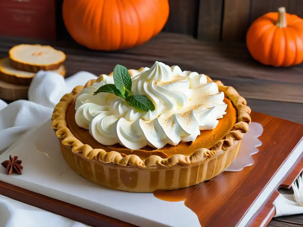 Deliciosa receta tradicional pumpkin pie Acción de Gracias, tarta de calabaza dorada con crema y canela