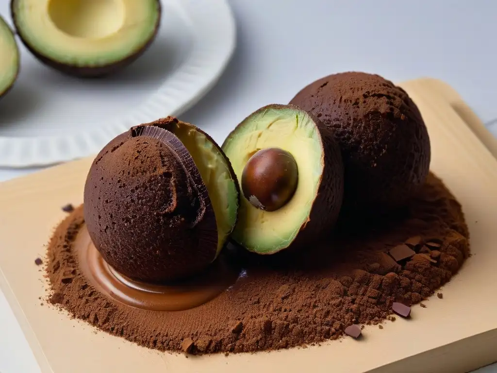 Deliciosa receta trufas chocolate aguacate: trufa cremosa y elegante, con textura suave y polvo de cacao, decorada con aguacate maduro