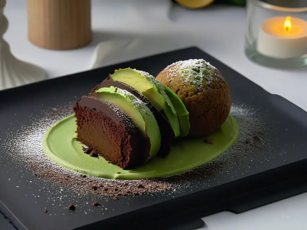 Deliciosa receta trufas chocolate aguacate en plato negro, reflejando luz ambiental suave y textura decadente