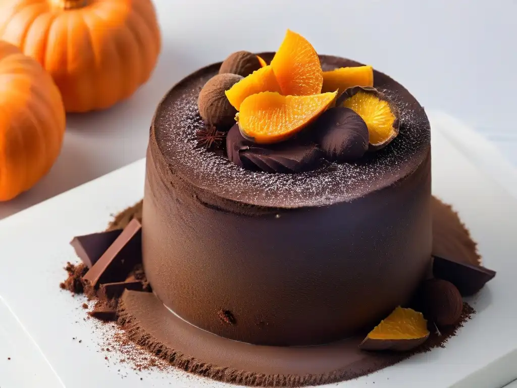 Deliciosa receta de trufas de chocolate con calabaza: trufa brillante y cocoa naranja sobre trozos de calabaza anaranjada