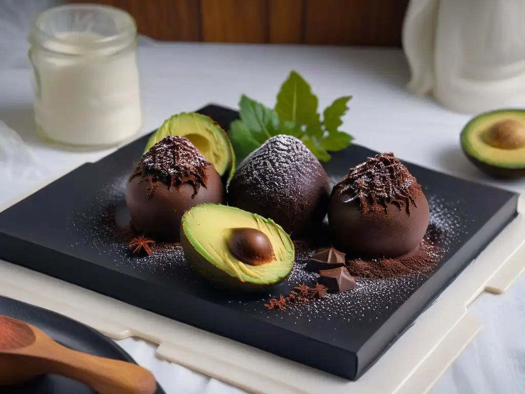 Deliciosa receta trufas chocolate aguacate: trufa de chocolate negro con corazón de aguacate cremoso, decorada con cacao en polvo