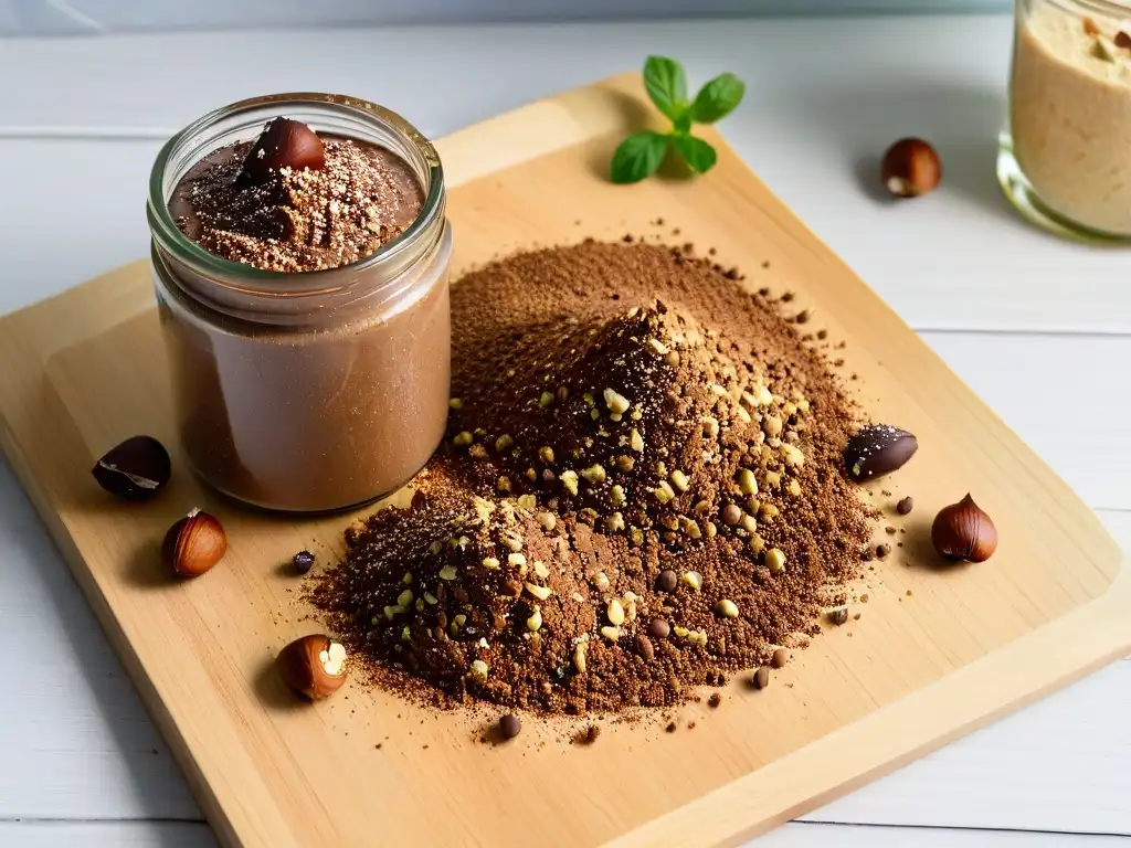 Deliciosa receta nutella vegana casera en un frasco de vidrio sobre una encimera de madera con ingredientes naturales