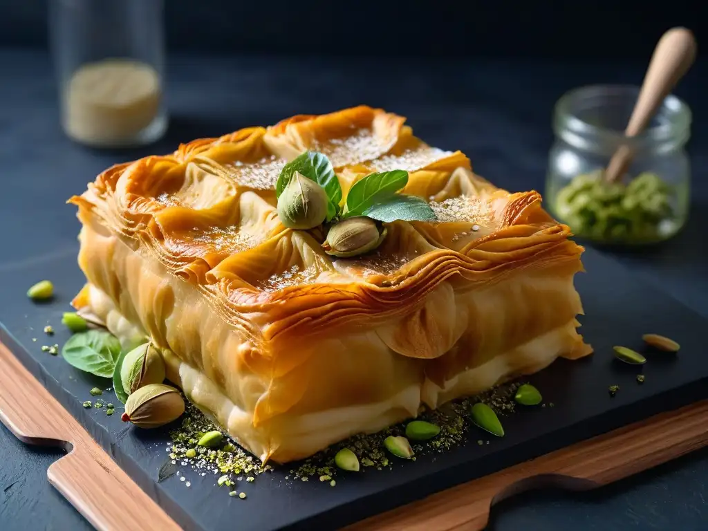 Deliciosa repostería africana tendencias globales: baklava dorado con miel y pistachos en fondo negro