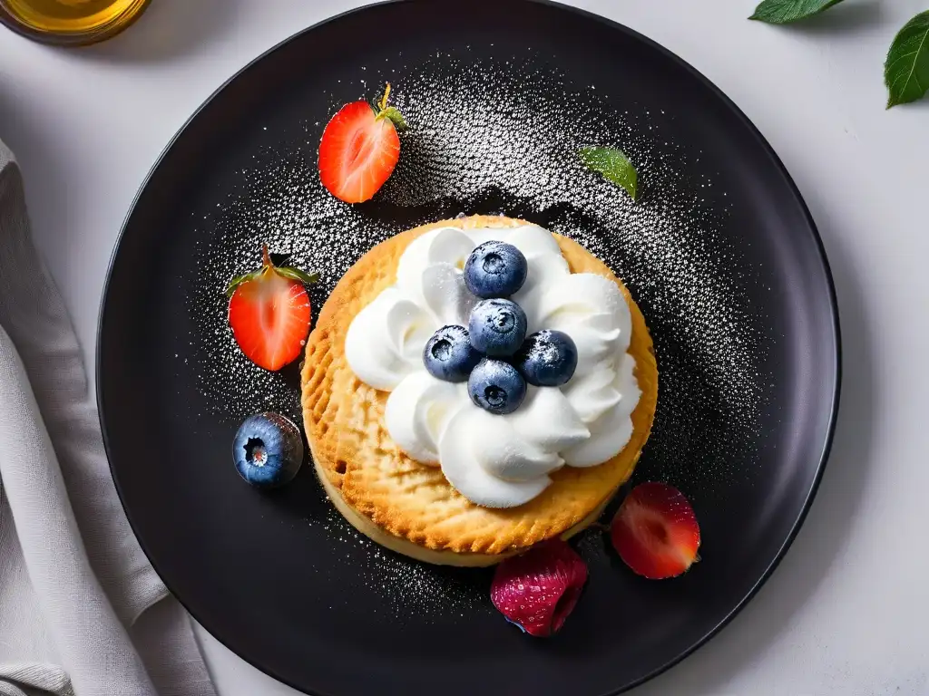 Deliciosa repostería keto: biscuit de almendra dorado y crujiente con crema de coco y frutos rojos en elegante plato negro