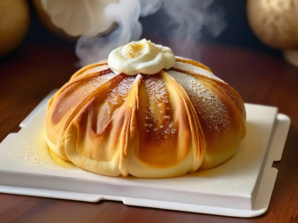 Deliciosa repostería árabe: Qatayef con relleno perfecto de queso y jarabe de agua de rosas, mostrando pliegues detallados