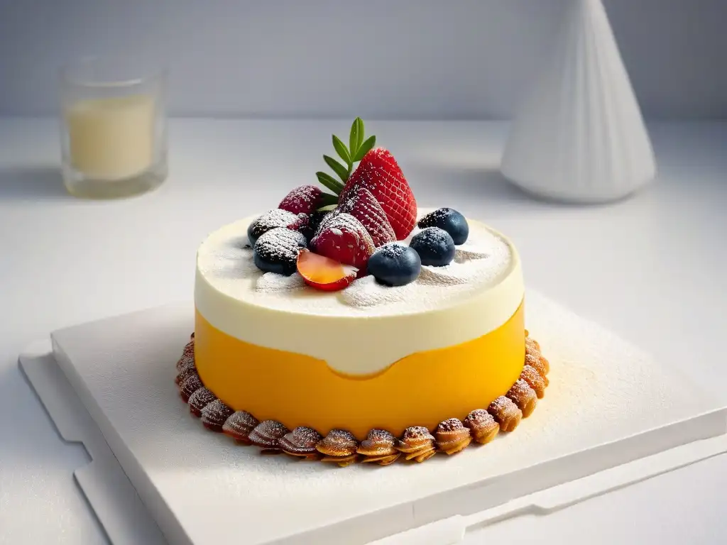 Deliciosa repostería de fusión: guía completa de postres clásicos y modernos en una creación elegante y detallada en un plato de porcelana blanco