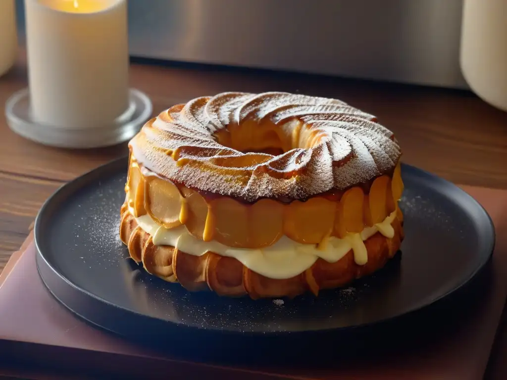 Deliciosa innovación en repostería contemporánea: un cronut perfectamente elaborado en un elegante plato negro, resaltando su textura y sabor