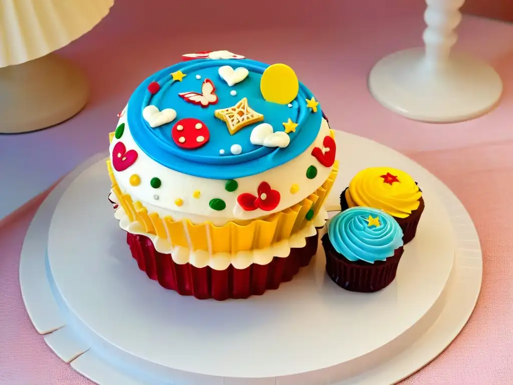 Deliciosa repostería creativa con Realidad Aumentada: un cupcake 3D vibrante y detallado rodeado de elementos digitales