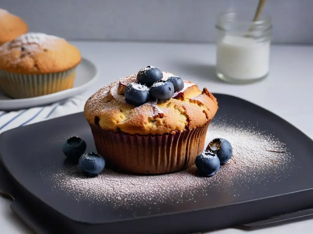 Deliciosa repostería para diabéticos saludable: Muffin de arándanos sin azúcar con stevia en plato negro