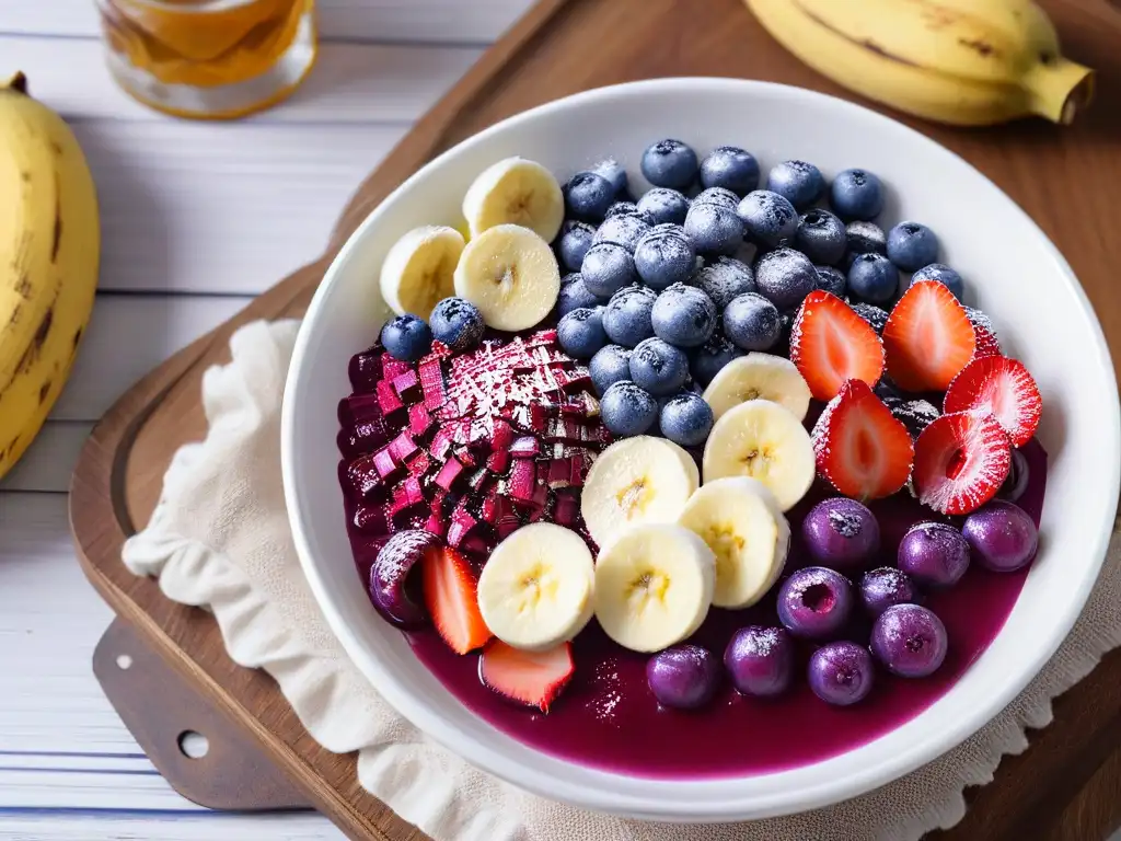 Deliciosa açaí en repostería energizante: bowl morado con frutas frescas y miel, sobre mesa rústica