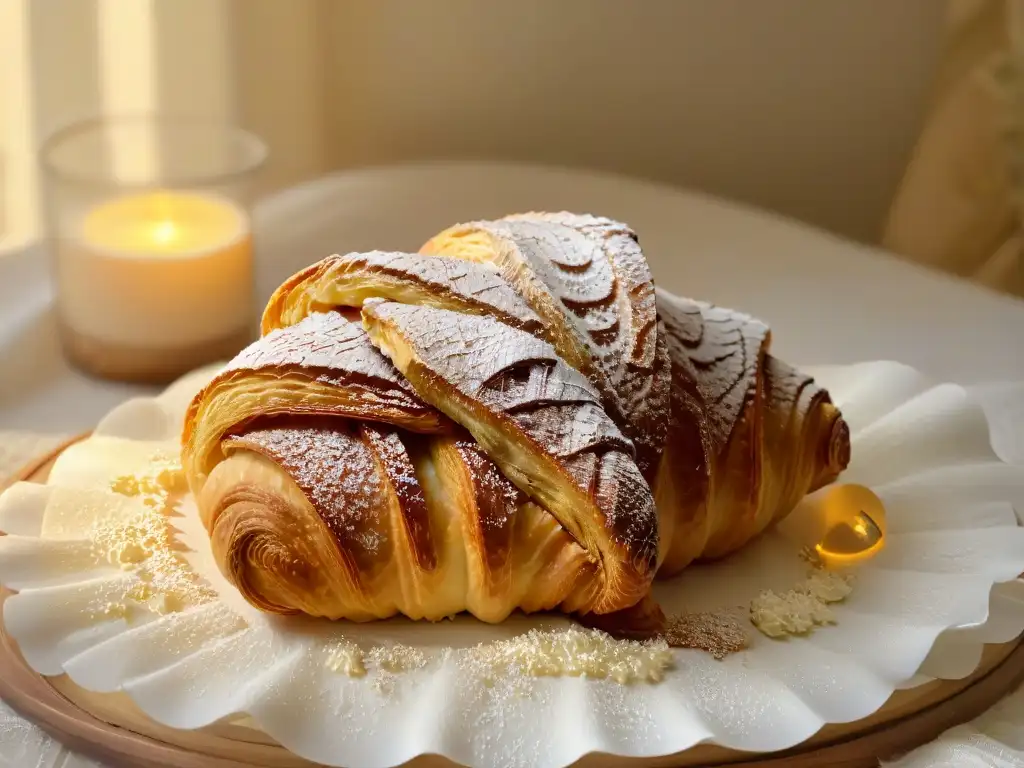 Deliciosa repostería francesa tradicional del siglo: Croissant dorado y escamoso con azúcar glas y encaje blanco