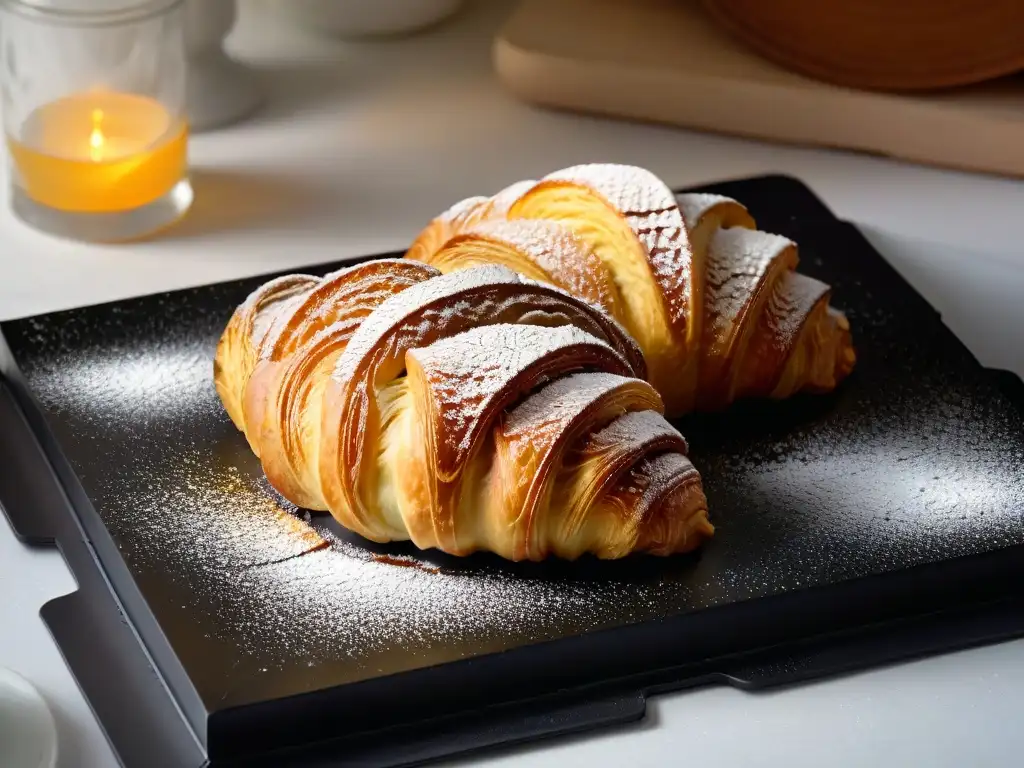 Una deliciosa repostería sin gluten: croissant dorado y esponjoso con miel, sobre un elegante plato negro