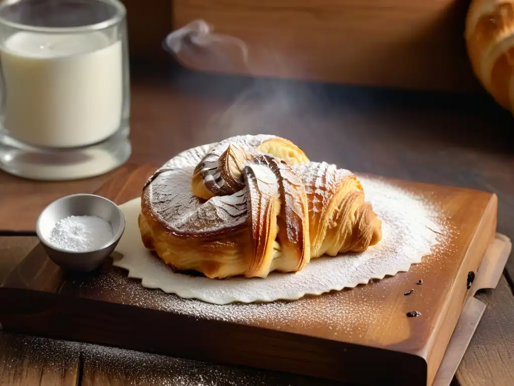 Deliciosa repostería sin gluten: Croissant dorado y escamoso sobre mesa rústica, con azúcar glas y café expreso humeante