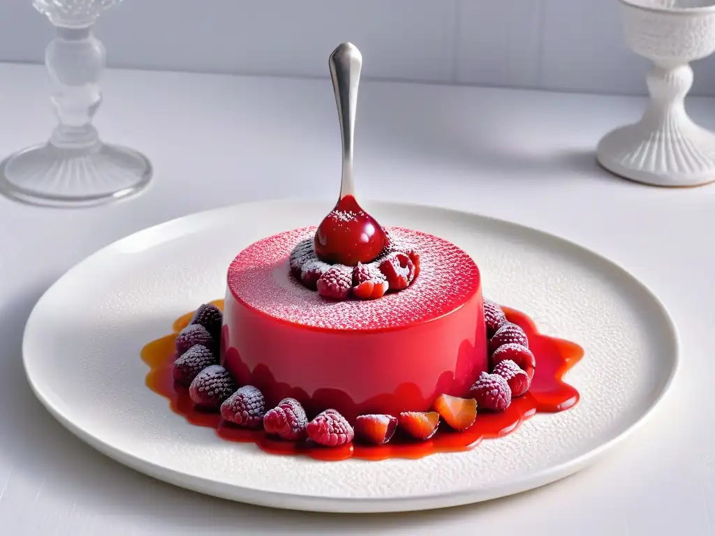 Deliciosa gelificación en repostería innovadora: panna cotta de frambuesa con coulis brillante, en elegante plato blanco