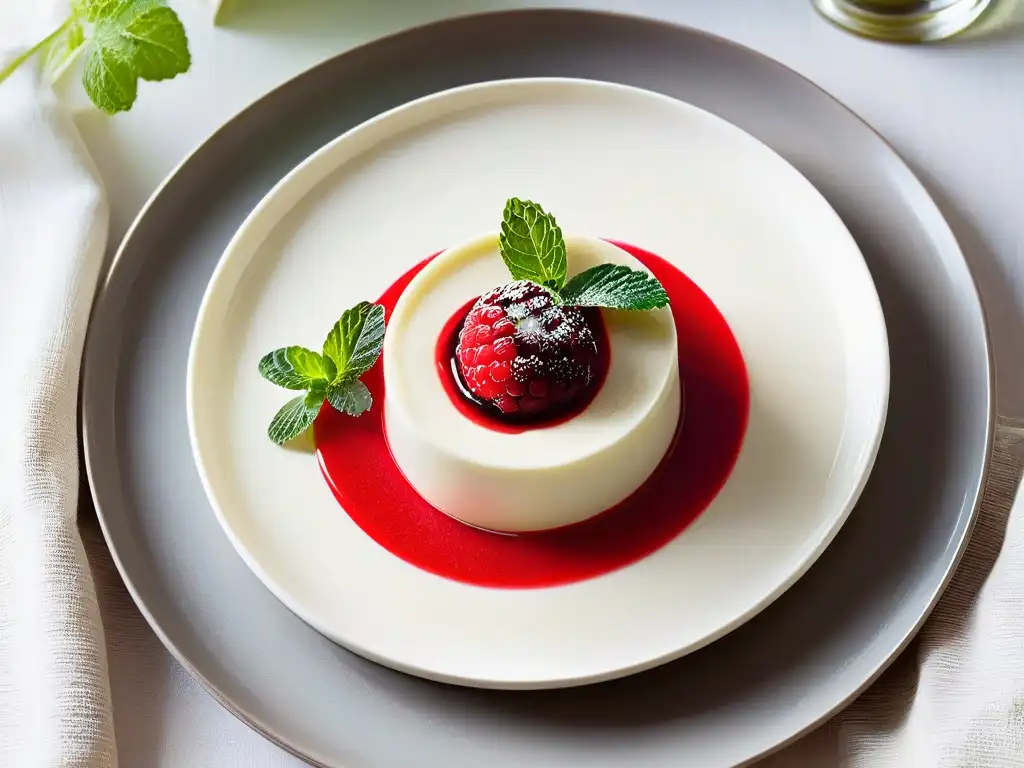 Deliciosa gelificación en repostería innovadora: panna cotta con coulis de frambuesa y menta en plato blanco