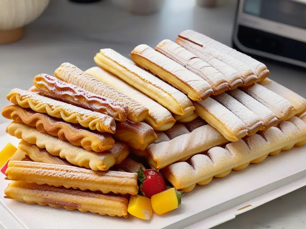 Deliciosa repostería mexicana: churros dorados y paletas de fruta vibrante en mármol blanco